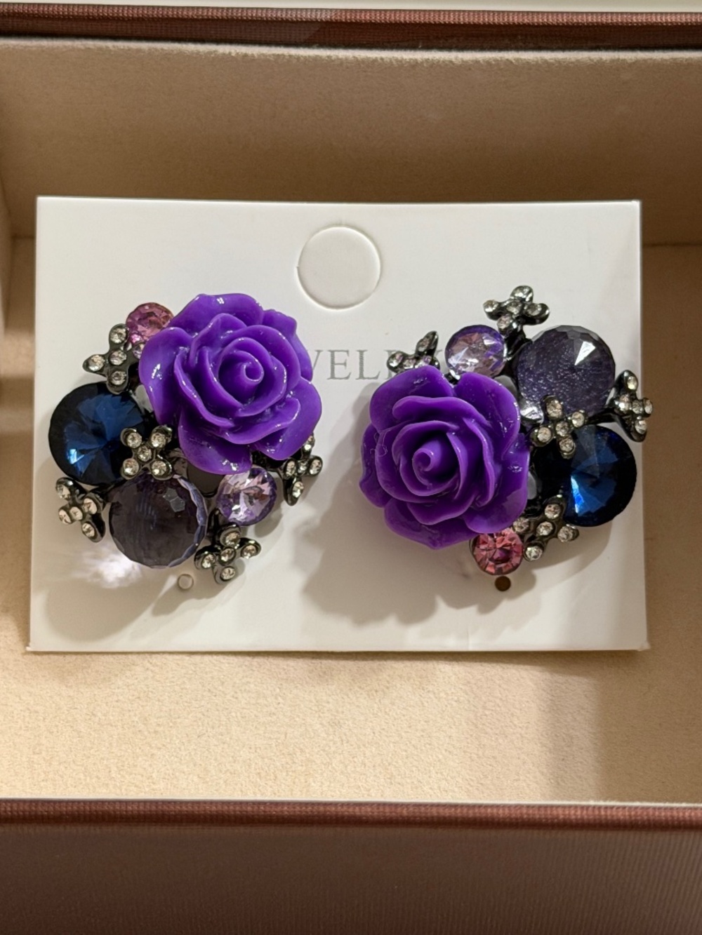 Elegant Purple Rose Flower Earrings with Rhinestones Accents Silver Tone.